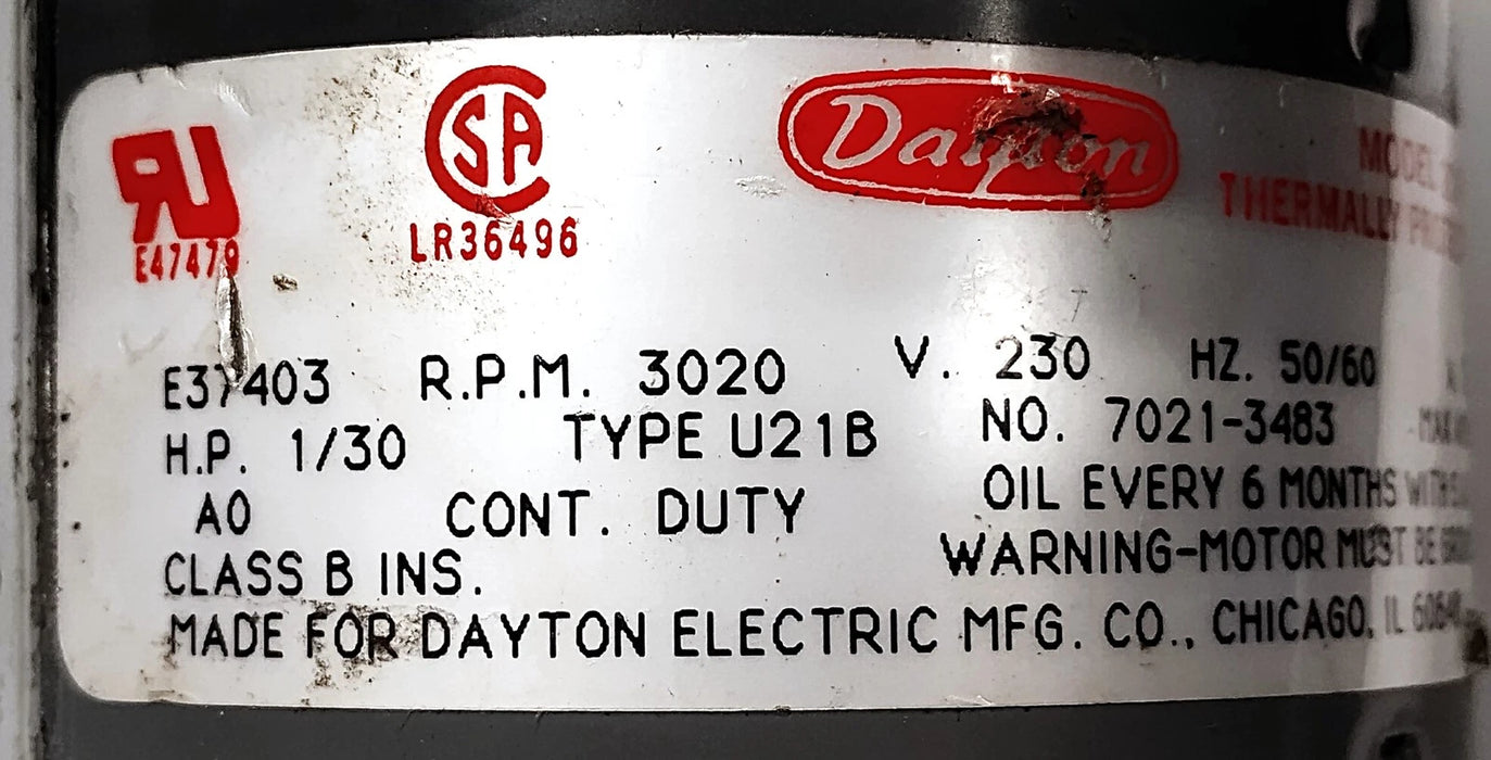 Dayton 2C915A 7021-3483 230 V AC 3020 RPM Type U21B Blower Motor