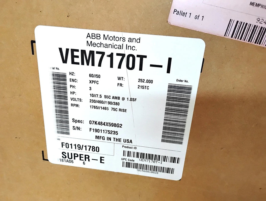 Baldor VEM7170T-I 230/460 190/380 V 10HP 1765RPM 215TC XPFC Drill Rig Duty Motor