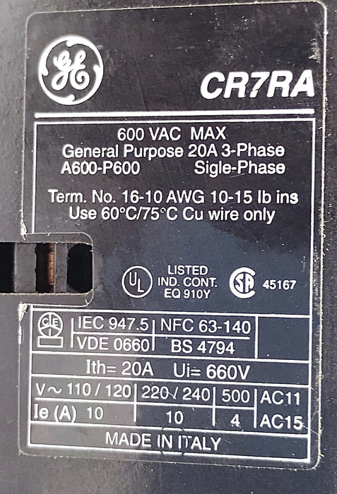 GE CR7RA 600 V AC 20 A IEC Contactor w/ 110/120 V AC Coil