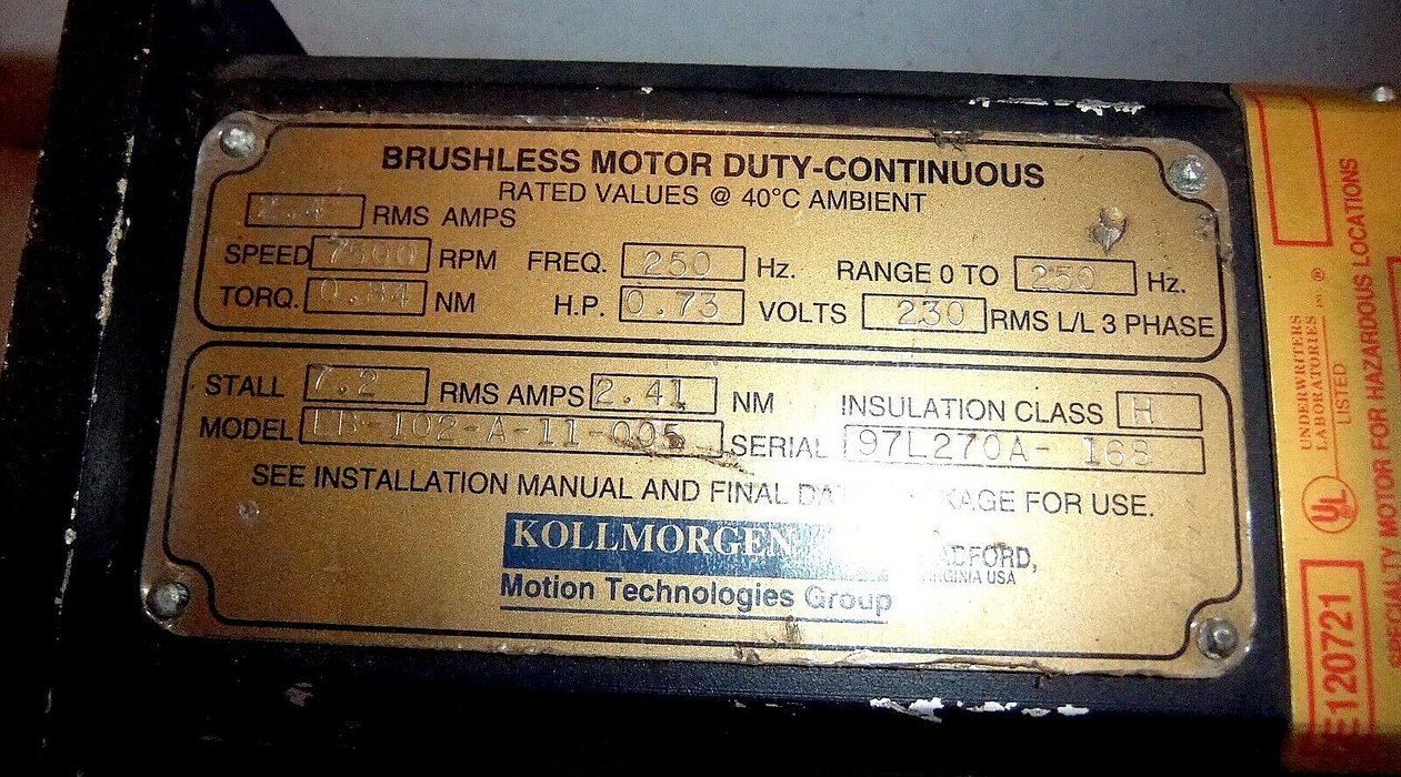 Kollmorgen EB-102-A-11-005 Brushless Servo Motor 7500 RPM