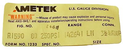 AMETEK R1590 0-80 psi Retarded to 250 psi 1/4 in ANPT Air Pressure Gauge