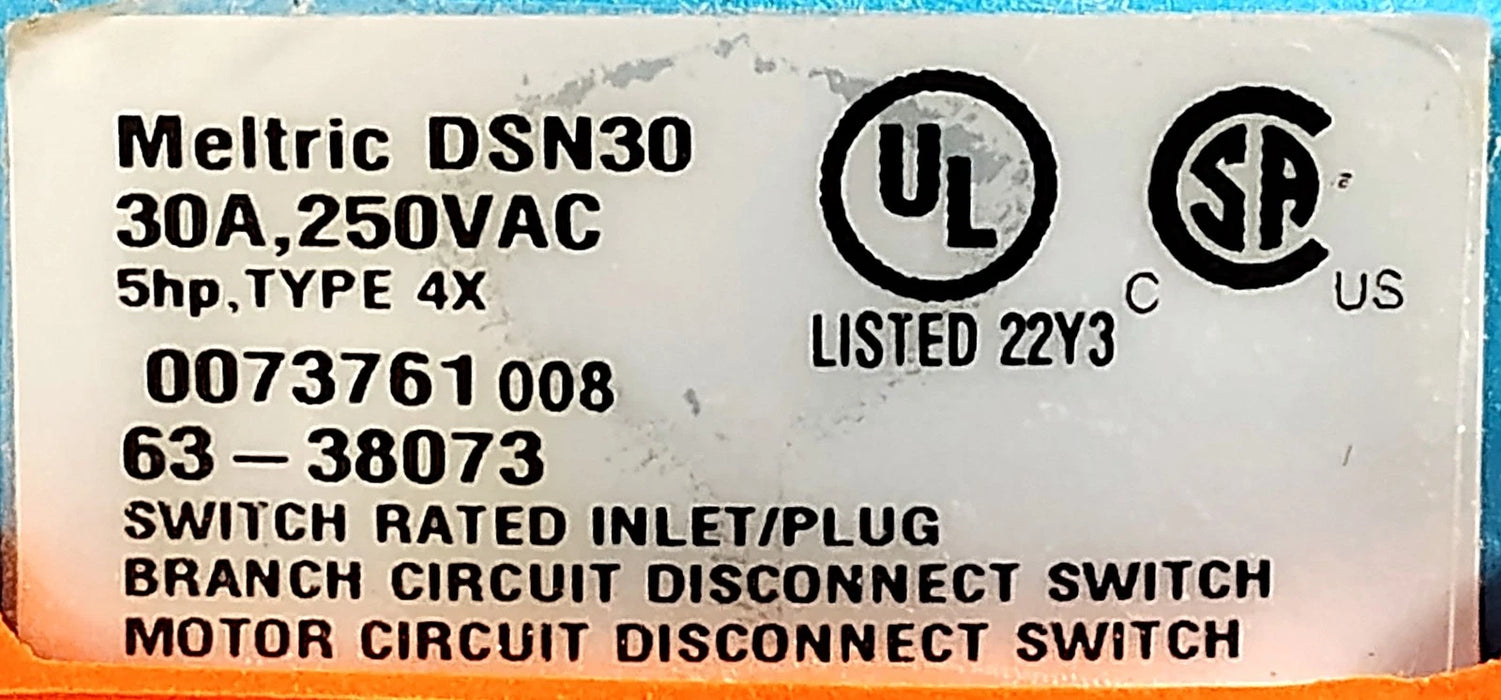 Meltric 63-38073 DSN30 250 V AC 30 A 4 Wire 3 Pole Grounded Male Inlet