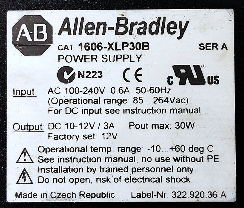Allen-Bradley 1606-XLP30B 100-240VAC 30 W PLC Power Supply w/ 10-12VDC Output