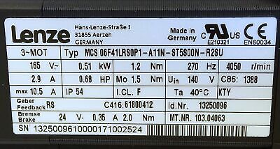 Lenze Americas MCS06F41LRS0P1-A11N-ST5S00N-R2SU 2.9A 0.51KW 0.68HP Servo Motor