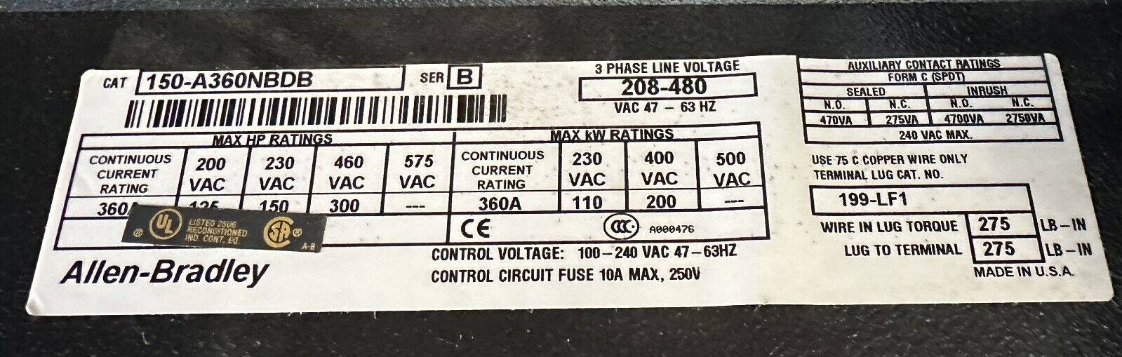 Allen-Bradley 150-A360NBDB 480 V AC 360 A SMC Plus Soft Start Motor Controller