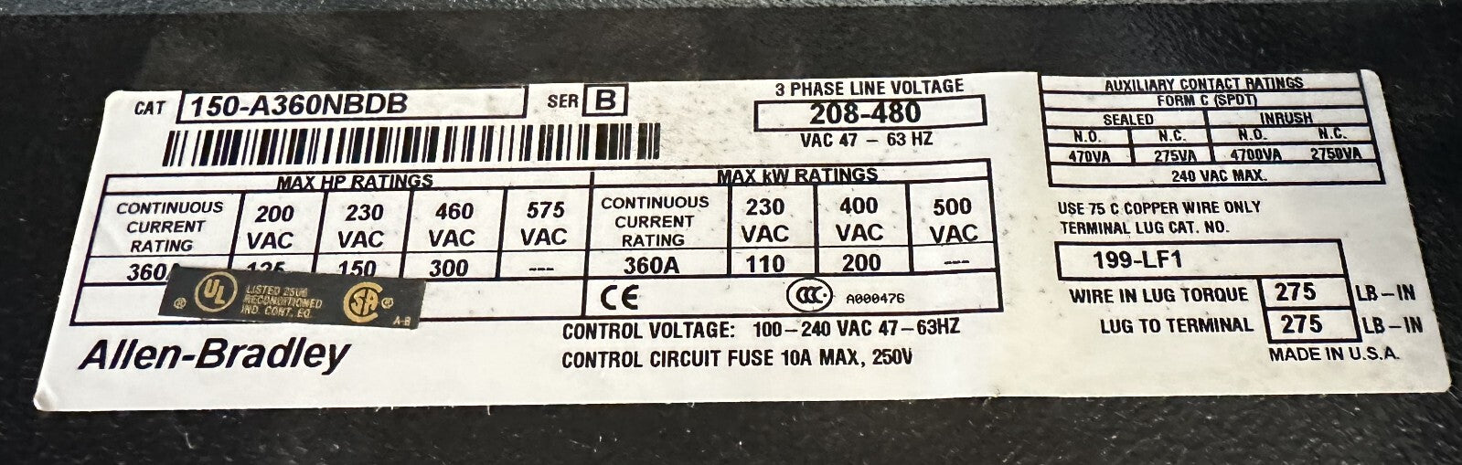 Allen-Bradley 150-A360NBD 480 V AC 360 A SMC Plus Soft Start Motor Controller
