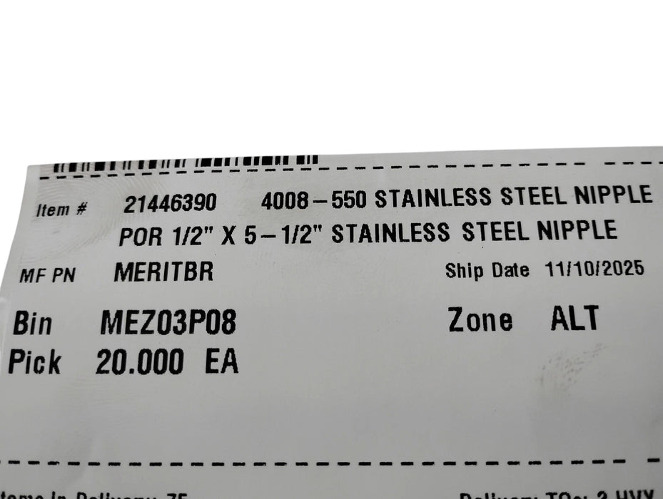 Merit Brass 4008-550 1/2" x 5-1/2" L MNPT Sch 40 304 Stainless Steel Pipe Nipple