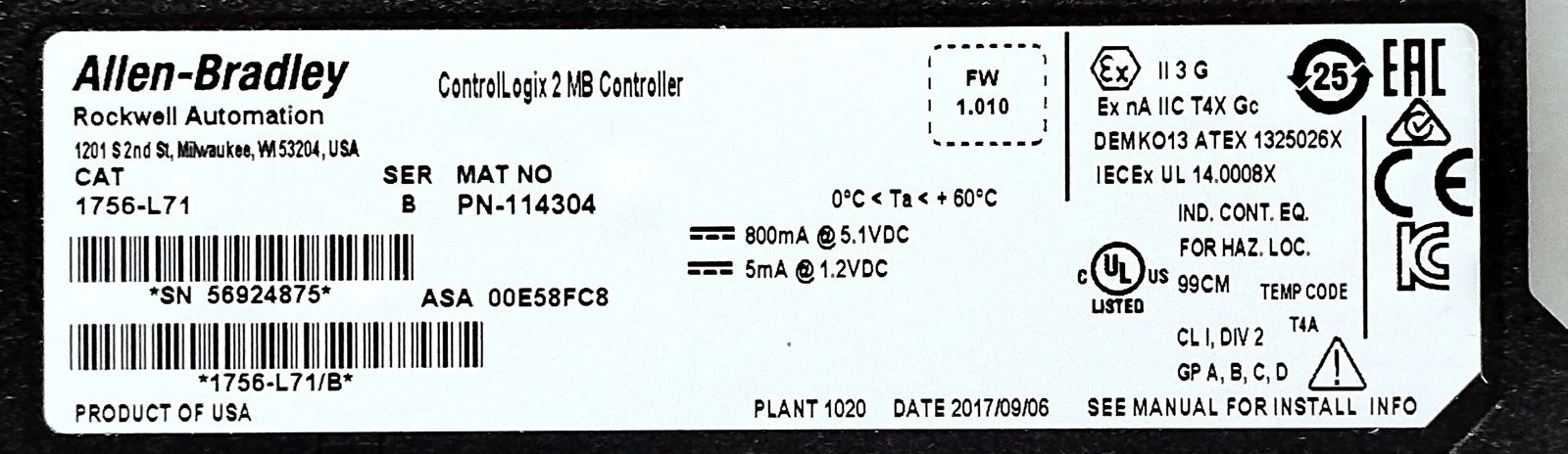 Allen-Bradley 1756-L71 Ser B FW 1.010 1.2-5.1 V DC PLC Controller w/ 2 MB Memory