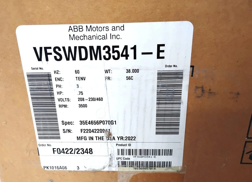 Baldor VFSWDM3541-E 208-230/460 V 3500 RPM 3/4 HP TENV 56C Washdown Motor