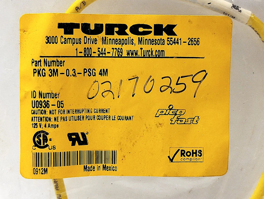 Turck PKG 3M-0.3-PSG 4M PLC Cable w/ Two 3-Pin Circular Connectors