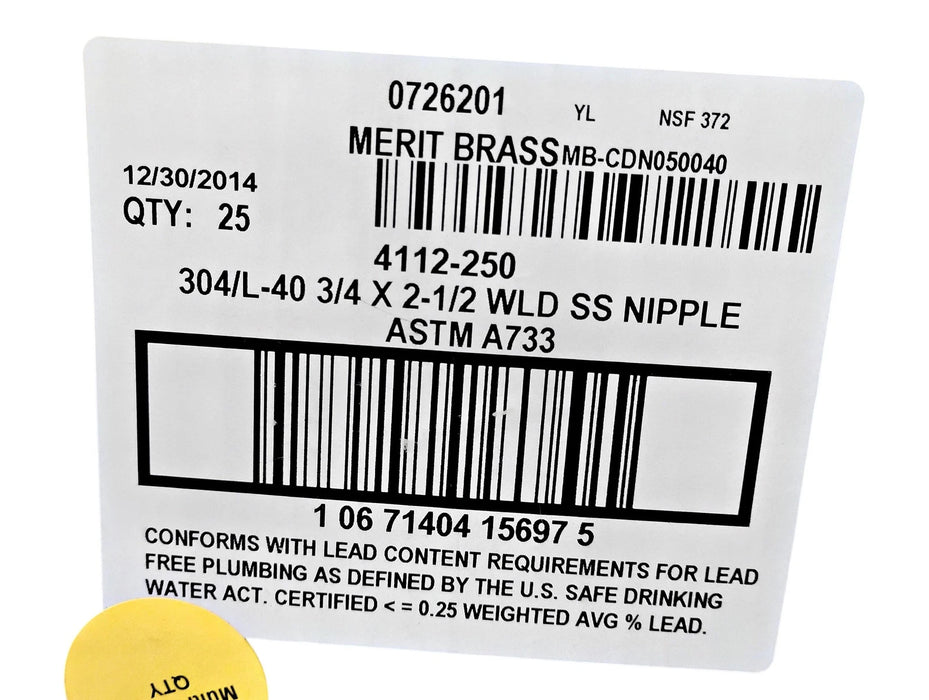 Merit Brass 4112-250 4012-250 3/4" x 2-1/2" MNPT Sch 40 304 SS Pipe Nipple