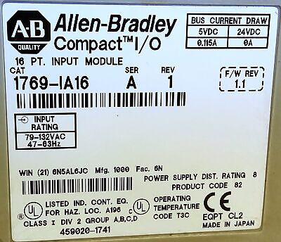 Allen-Bradley 1769-IA16 Ser A Rev 1 F/W Rev 1.1 PLC Input Module