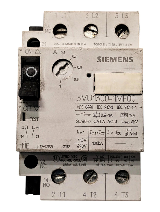 Siemens 3VU1300-1MF00 690 V 0.6-1.0 A Circuit Breaker for Motor Protection