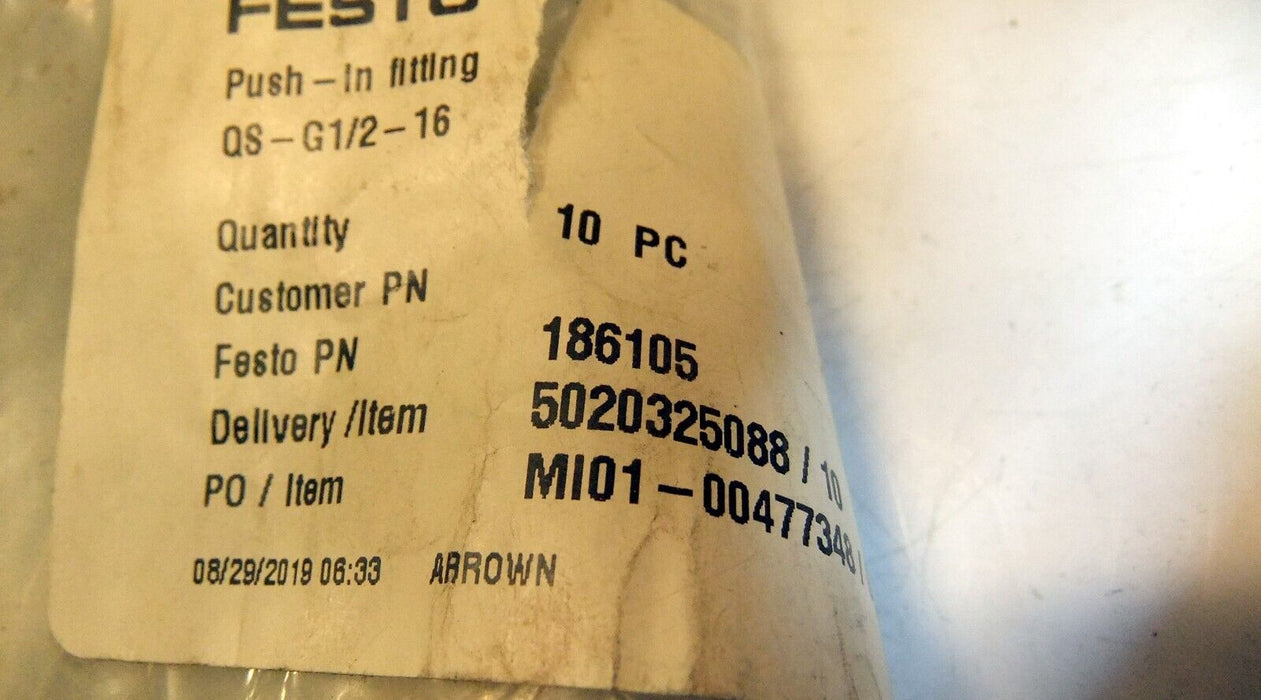 10 Festo Push in Fittings QS-G1/2-16