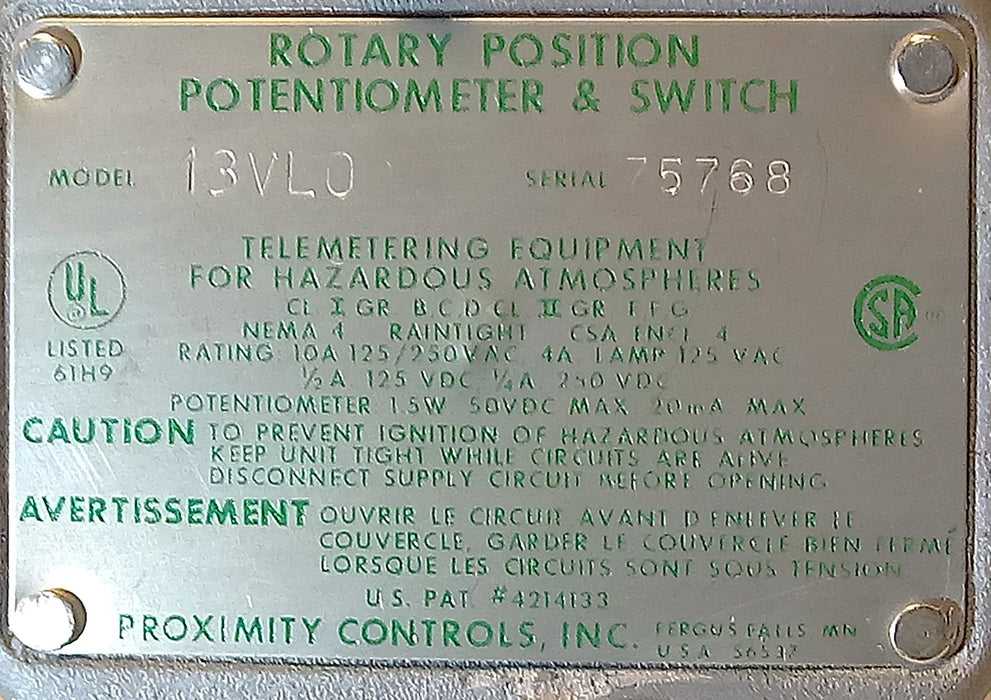 Proximity Controls 13VLO 13VL0 125/250 V AC 10 A Rotary Position Switch