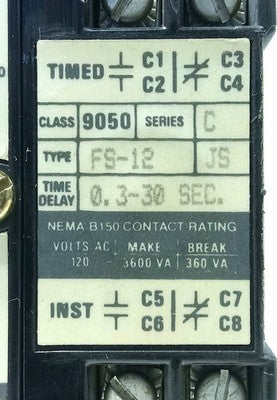 Square D 9050-FS-12 Ser C 120 V AC 0.3-30 Sec On/Off Delay Time Delay Relay