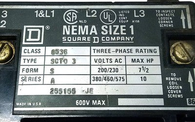 Square D 8536-SCTO-3-S 220/240 V AC 3 Pole NEMA Size 1 7-1/2 hp Starter