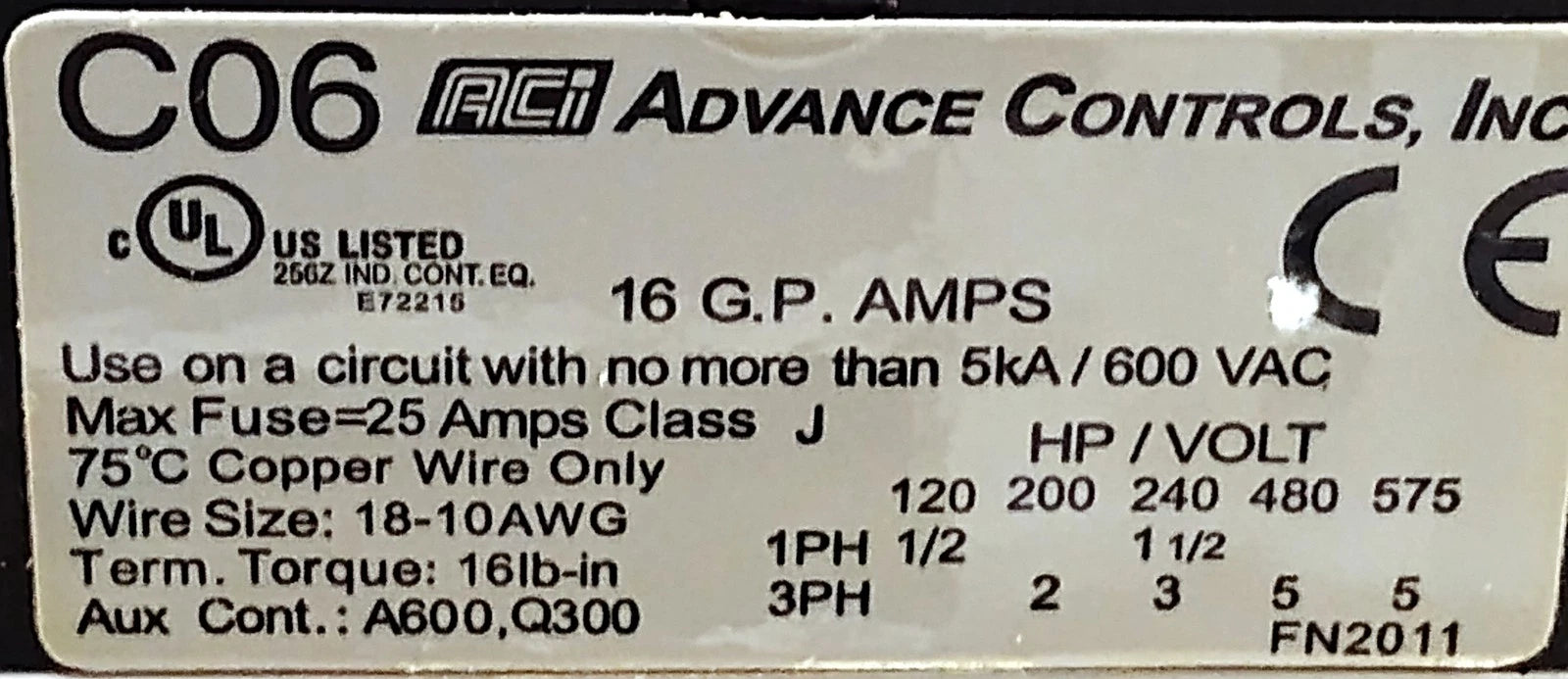 ACI Advance Controls 143120 C06.310-230 135827 230 V 3.5-4.8 A Enclosed Starter