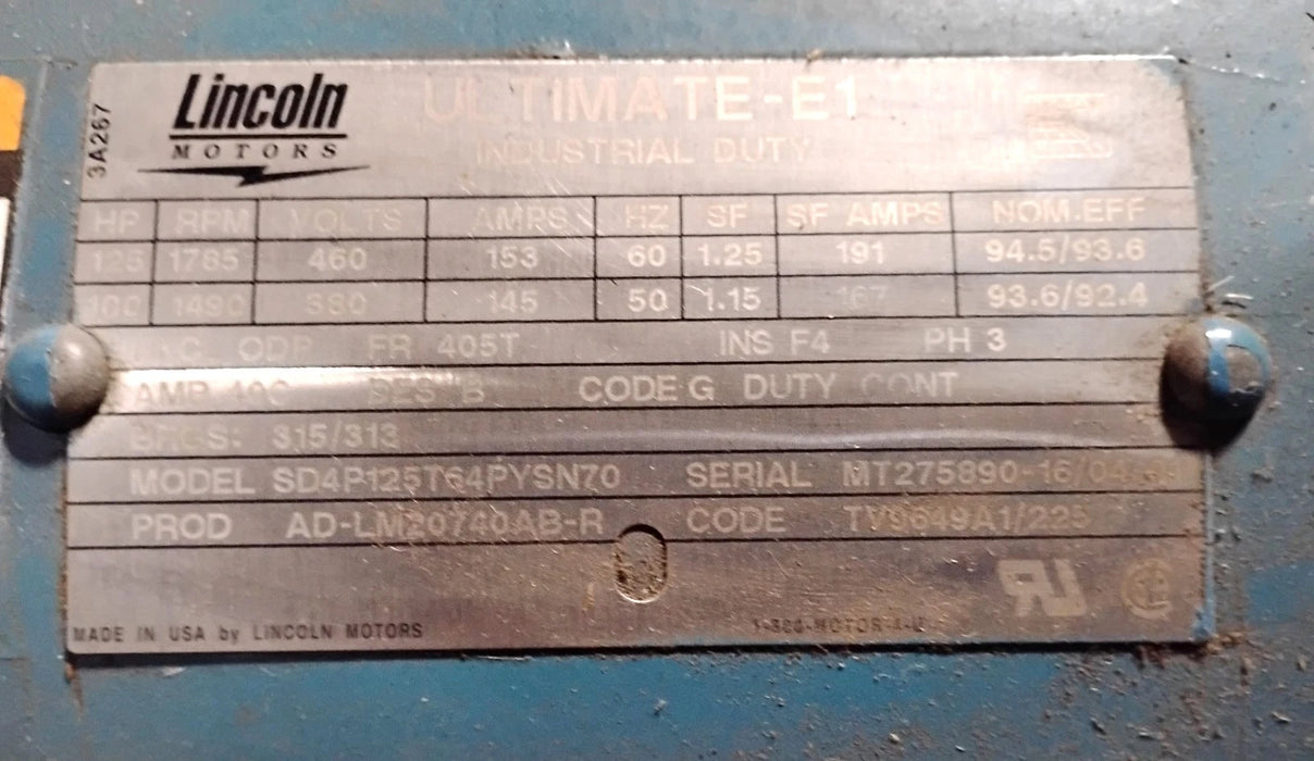 Lincoln Motors SD4P125T64PYSN70 230/460 V AC 125 HP 1785 RPM Ultimate E-1 Motor