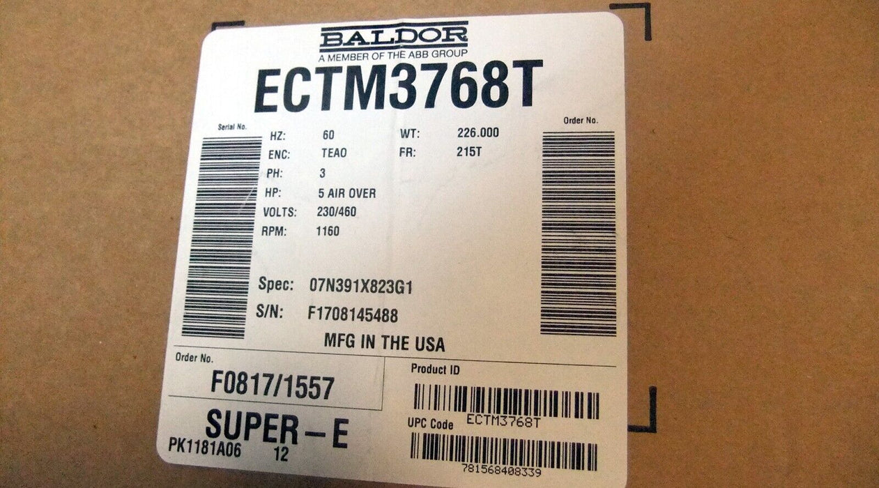 Baldor Cooler Chiller Motor 5HP Air Over ECTM3768T