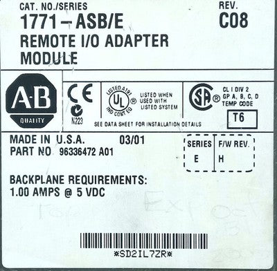 Allen-Bradley 1771-ABS/E 96336472 Rev C08 5 V DC Remote PLC Input/Output Module
