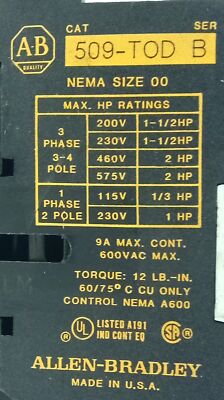 Allen-Bradley 509-TOD NEMA Size 00 Full Voltage Starter w/ Overload Relay