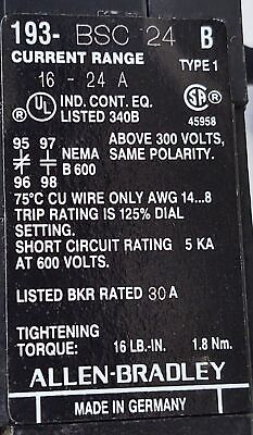 Allen-Bradley 193-BSC-24 600V 16-24A Solid State Overload Protection Relay