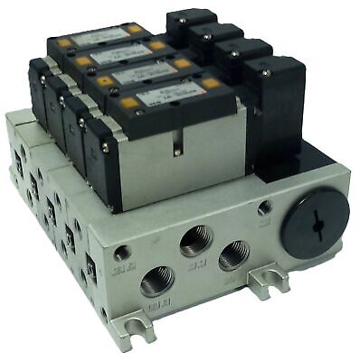 SMC NVV5FS3-01T-041 4 Stage Manifold Assembly w/ 4 NVFS3100-3FZ Solenoid Valves
