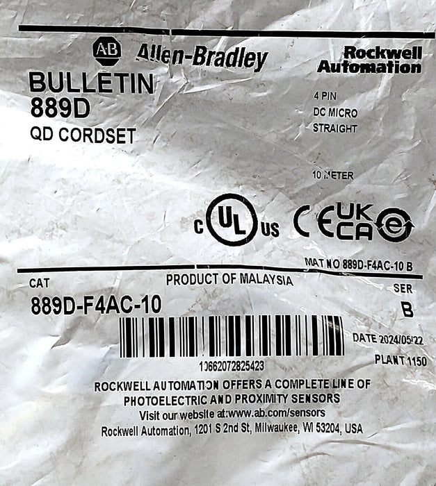Allen-Bradley 889D-F4AC-10 Series B 10 m PLC Cable w/ One 4-Pin M12 Connector