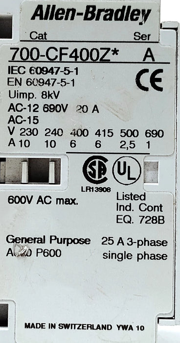 Allen-Bradley 700-CF400ZJ 600 V AC 20 A IEC Contactor w/ 24 V DC Coil