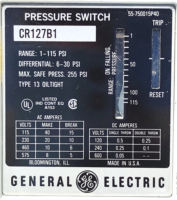 GE CR127B1 120-600 V 1-115 psi Pressure Switch in NEMA 13 Enclosure