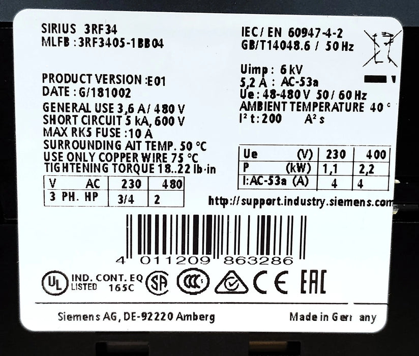 Siemens 3RF3405-1BB04 SIRIUS 480 V AC 3.6 A 3 Phase Contactor w/ 24 V DC Coil
