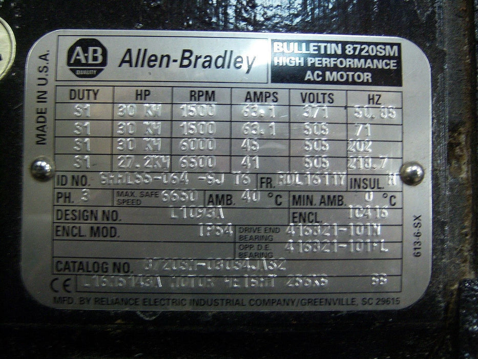 Allen-Bradley 8720SM-030S4JAS2 30 kW 63.1 A 6500 RPM AC Motor w/ SRM-60 Encoder