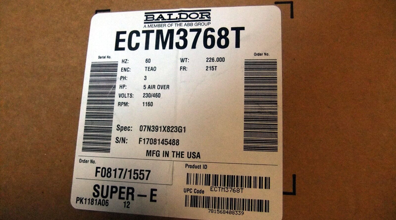 Baldor Cooler Chiller Motor 5HP Air Over ECTM3768T