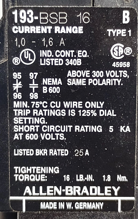 Allen-Bradley 193-BSB16 600 V 1.0-1.6 A Bimetal Strip Overload Relay