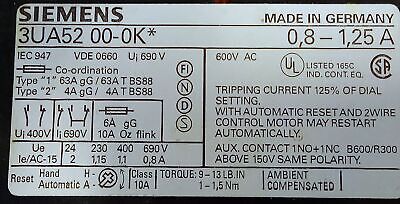 Siemens 3UA53-UW1 0.8-1.25 A Adjustable Overload Protection Relay