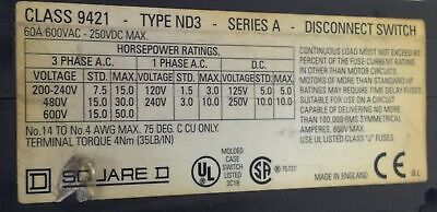 Square D 9421-ND3 Ser A 3PH 60A 600VAC 250VDC Disconnect Switch w/ AJT60 Fuses