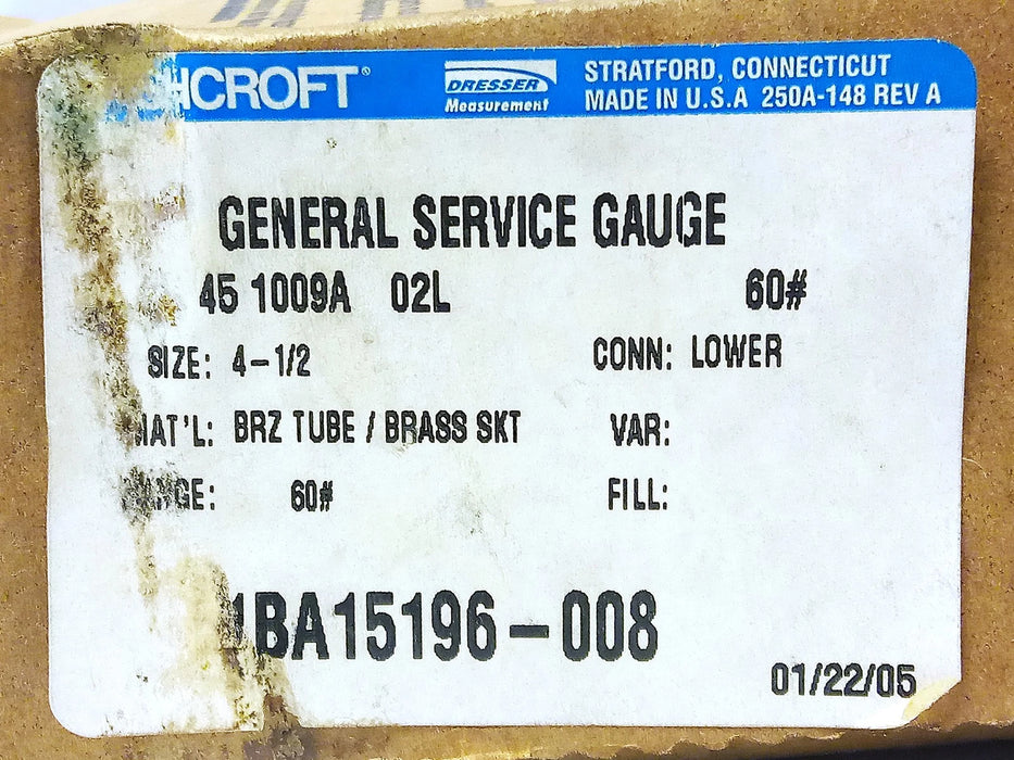 Ashcroft 45-1000A 02L 4.5 in 0-60 psi Air Pressure Gauge w/ 1/4 in NPT Port