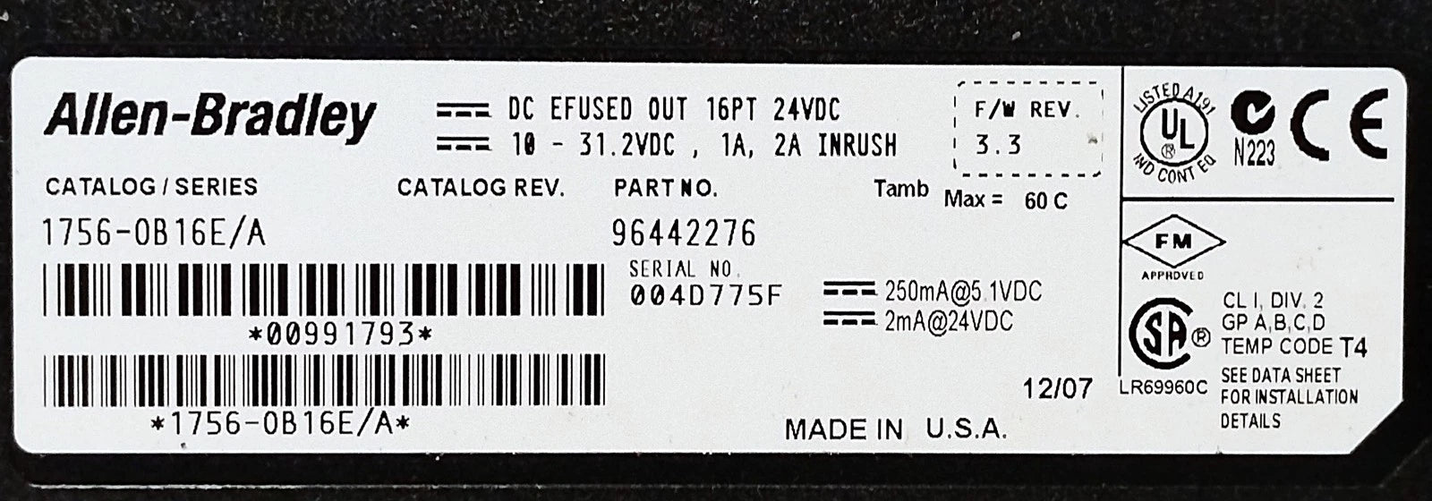 Allen-Bradley 1756-OB16E Ser A FW Rev 3.3 10-30 V DC Digital PLC Output Module