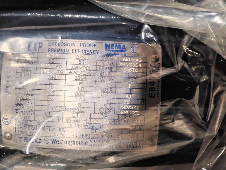 Teco Westinghouse XPV0024C AEUHXG 230/460 V 1740 RPM 2 HP Explosion Proof Motor