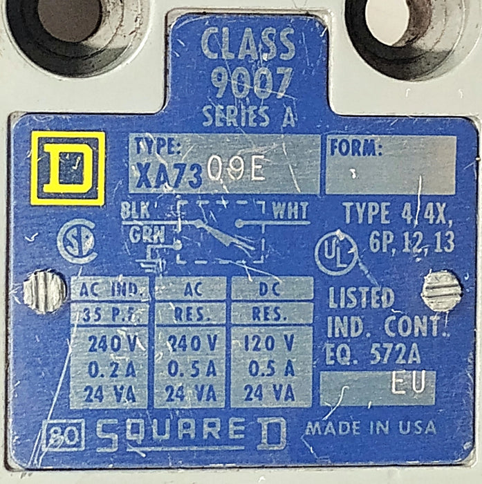 Square D 9007-XA73-09E Ser A 240 V AC 0.5 A Plunger Style Limit Switch