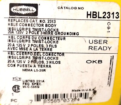 Hubbell HBL2313 TWIST-LOCK NEMA L5-20R 125 V AC 20 A 2 Pole 3 Wire Female Plug