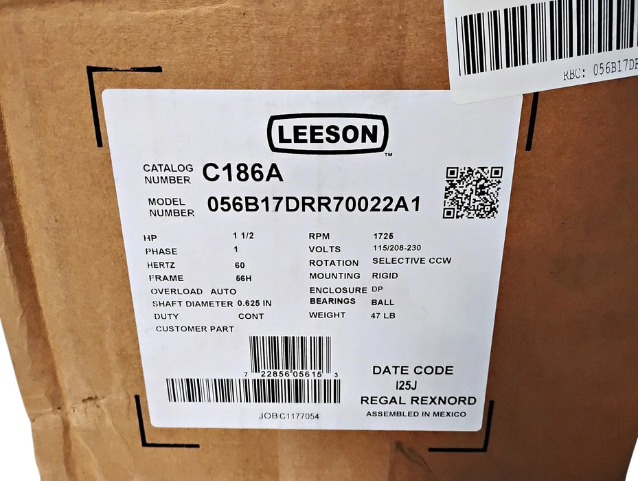Leeson C186A 056B17DRR70022A1 115/208-230 V 1.5 HP 1725 RPM Motor