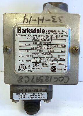 Barksdale E1H-H15-P6-PLS 125/250/480 V AC 10 A 0.5-15 psi Pressure Switch