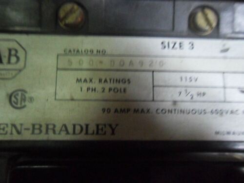 1 Allen-Bradley 500-DOA920 CONTACTOR 2P SIZE 3