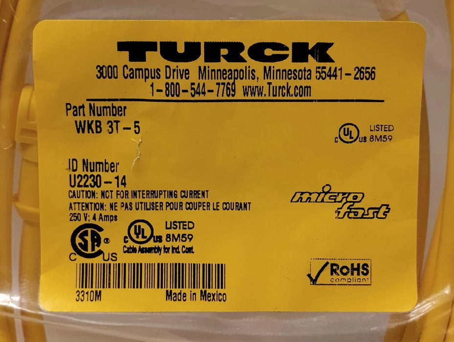 Turck WKB3T-5 3-Wire Cable w/ 1/2 in Micro Fast Connector