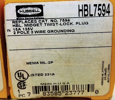 Hubbell HBL7594 125 V AC 15 A 2-Pole Midget Twist Lock Male Plug