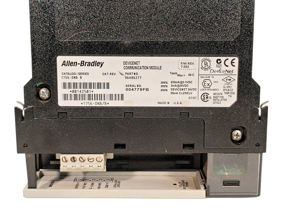 Allen-Bradley 1756-DNB Ser B F/W Rev 7.002 24 VDC Digital PLC Module No Cat Rev