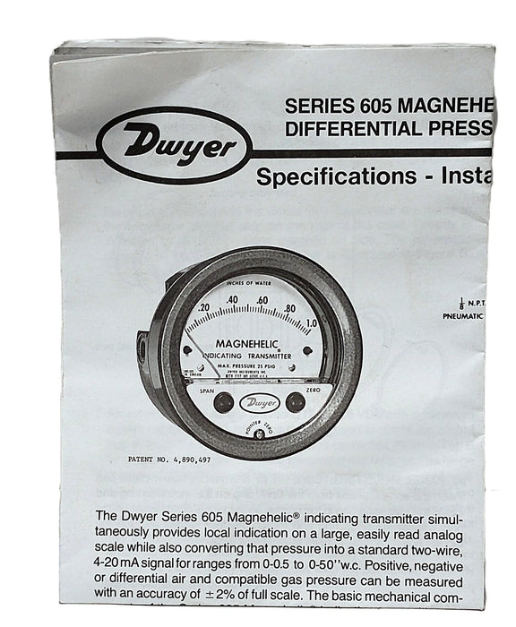 Dwyer 605-1C Magnehelic 0-1.0 inH2O 1/8 NPT Differential Pressure Gauge