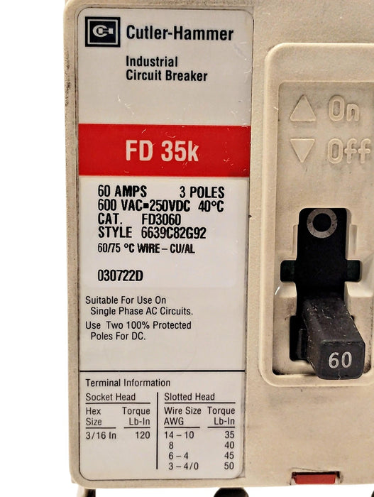 Cutler-Hammer FD3050 600VAC/250VDC 50 A 3-Pole Circuit Breaker